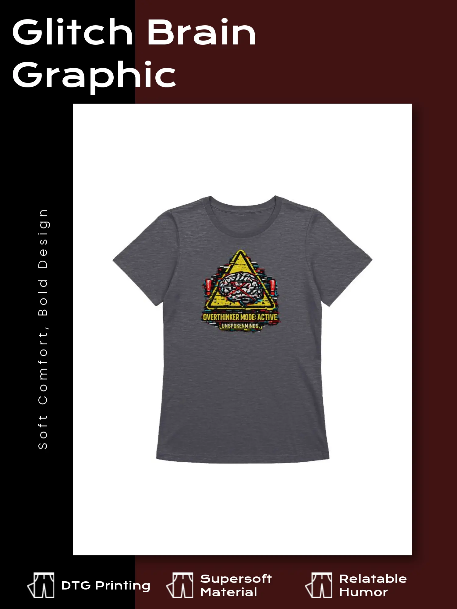 Women's Graphic Original Print Shirt - unspokenmind Overthinker Mode: Active Casual Cotton Apparel, Black Outfits Everyday Fabric