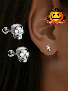 Halloween S925 silver skull earrings, spiral design earrings, zircon inlay, fashionable metal, classic skull design