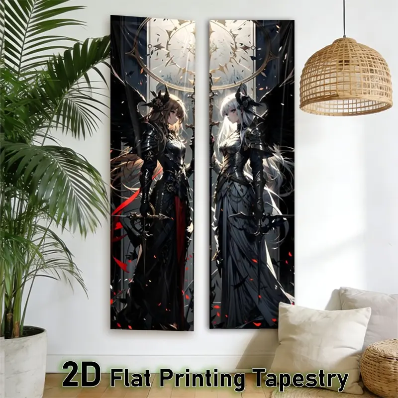 2D Flat 2pcs Dark Angel Samurai Vertical Tapestry, Gothic Aesthetic Wall Hanging, Anime Fantasy Art, Living Room & Dorm Decor, Decoration
