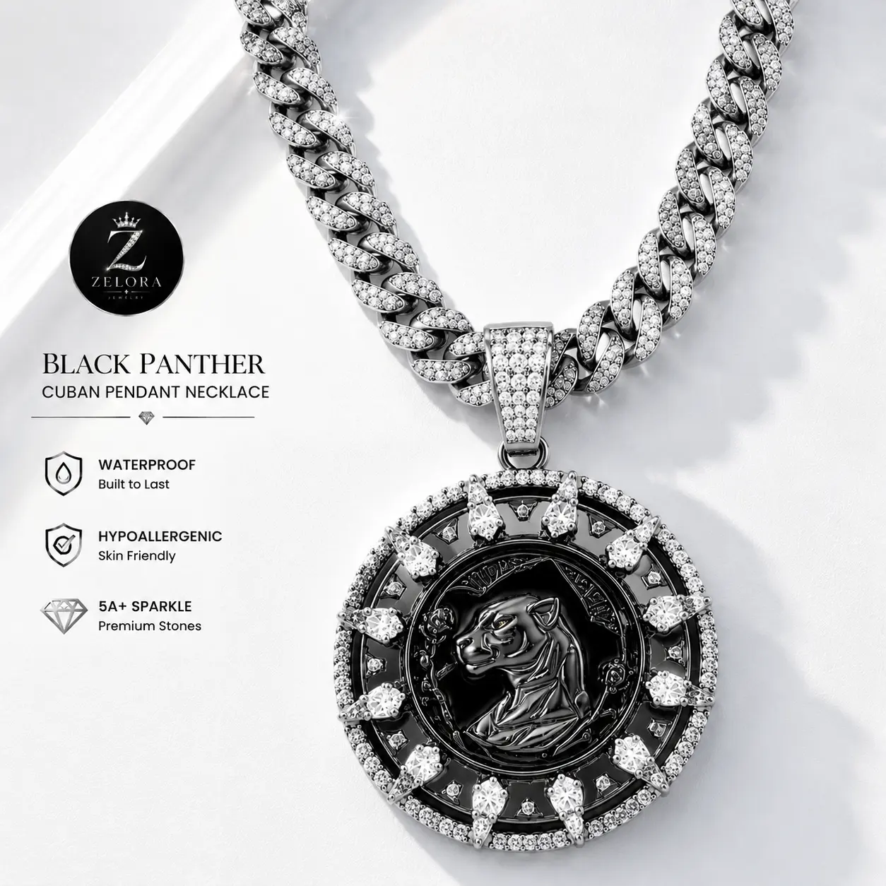 Black Panther Pendant Necklace for Men & Women, Iced Cuban Link Chain, Stainless Steel Hip Hop Jewelry, Bold Streetwear Statement Necklace, Trendy Daily Outfit Accessory, Cool Gift