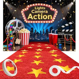 Lights Camera Action Backdrop with Red Carpet Runner 7x5ft, Movie Theme Party Decorations - Movie Night & Oscar Party Banner with Ribbon & Double-Sided Tape for Birthday & Red Carpet Photos