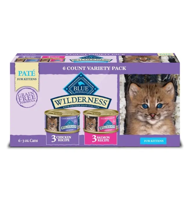 Blue Buffalo Wilderness Kitten Food High-Protein Grain-Free Wet Cat Food Paté Variety Pack Chicken & Salmon Recipes 3-oz Cans 6 Count 3 of Each