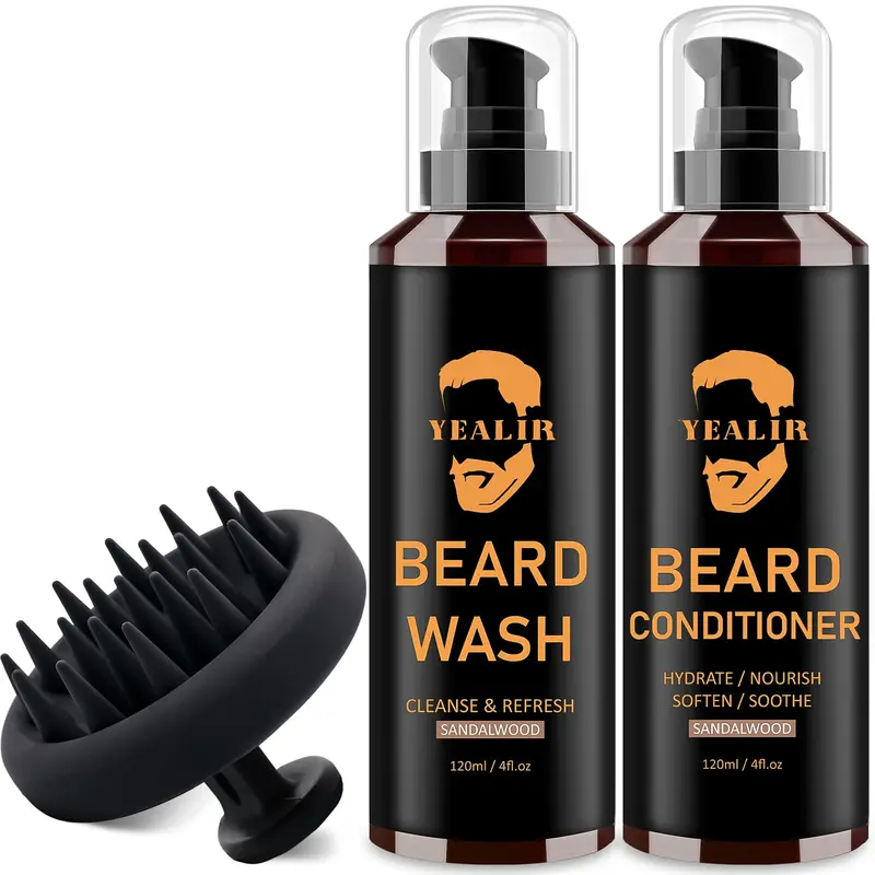Men's Liquid Beard Grooming Wash, Conditioner & Silicone Brush Bundle - 120mlx2 (4 Fl Oz Each) Argan-Jojoba-Coconut Oils, Woody Aroma, Cruelty-Free, Hydrating, Moisturizing Hair Care for All Beard Types