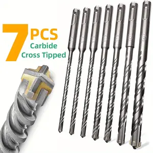 SENDRILL 7PCS/Set Carbide - Cross Tipped SDS-Plus Rotary Hammer Drill and Chisle Bit Set for Masonry, Concrete, Brick, Stone