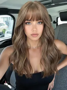 Women's Medium-Length Wavy Wig with Bangs, Natural-Looking Soft Synthetic Hair for Daily Wear, Travel and Parties, Versatile Style
