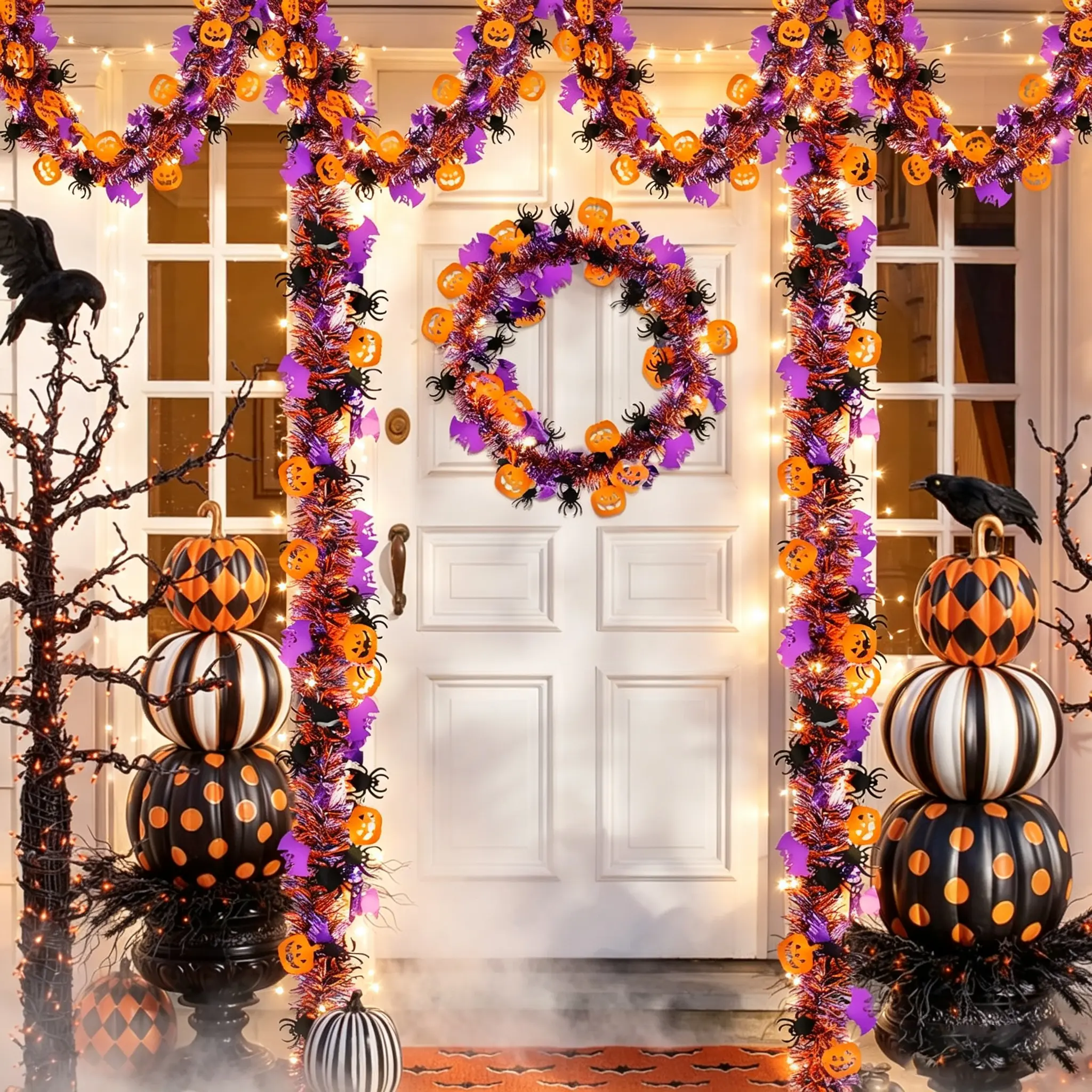 2-Pack Halloween Tinsel Garland (6.56 Ft Purple-Orange Metallic) with Pumpkin, Bat, Spider Cutouts & 13.12 Ft Warm White LED String Lights, Indoor-Outdoor DIY Specialty Decor for Front Door, Stairs (Toys & Hobbies)