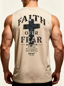 Faith Over Fear Vintage Washed Men's Tank Top | Christian Cross Graphic Sleeveless Shirt | Joshua 1:9 Bible Verse | 230G Heavyweight 100% Cotton Oversized Gym Streetwear Vest S-5XL