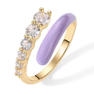 PAVOI 14K Gold Plated Stackable Rings for Women - Open Twist Wavy Colored Enamel and Cubic Zirconia Rings - Enamel Eternity Bands