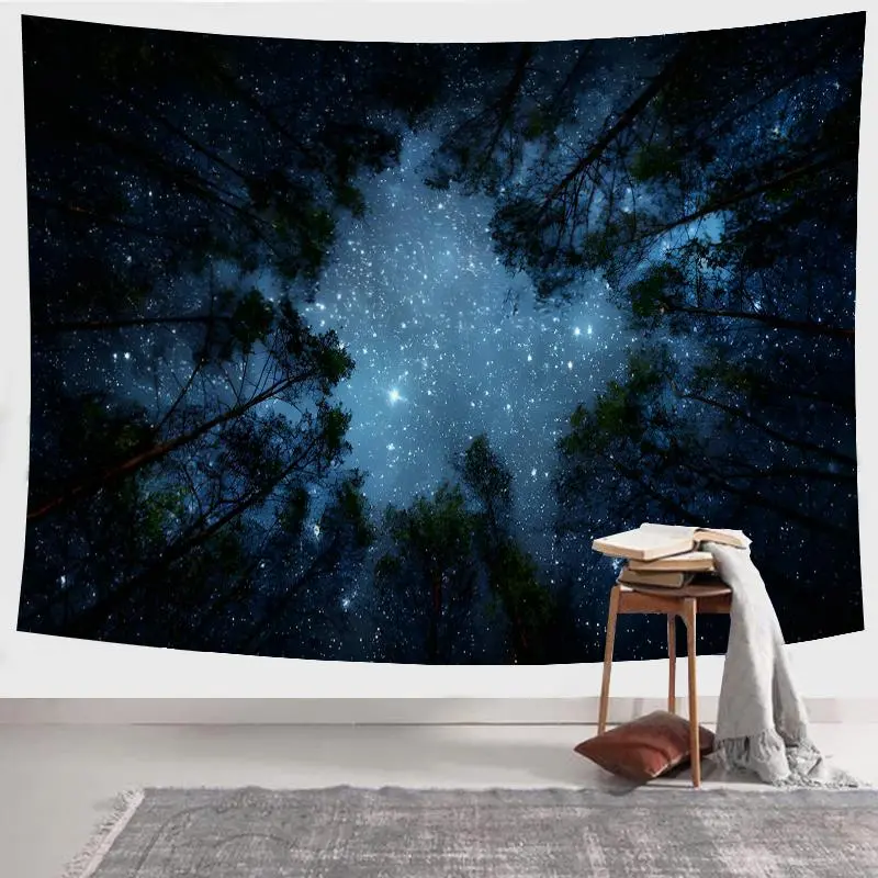 Starry Sky Forest Pattern Tapestry, Trippy Tapestry, Aesthetic Wall Hanging Decor, Home Goods, Polyester Tapestry for Bedroom, Living Room, Home Office Decor, with Free Installation Package
