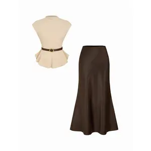 Cider Stand Collar Cinched Waist Top With Belt & Zipper Mermaid Maxi Skirt Set