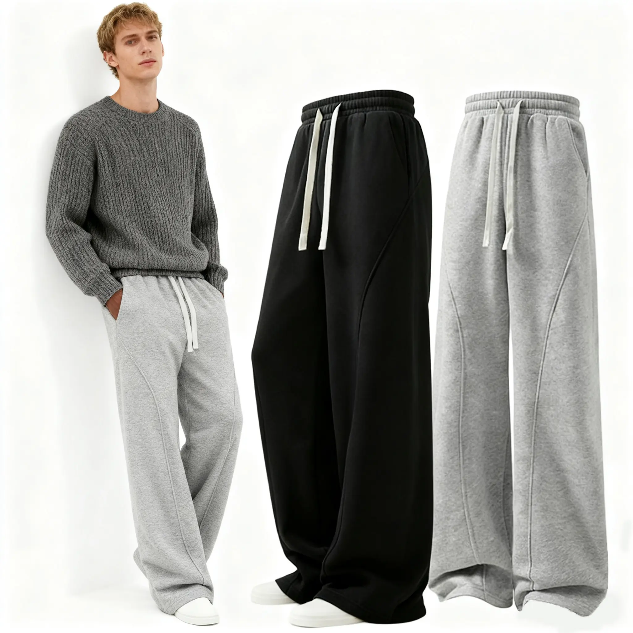 pants men sweatpants Men's Solid Thermal Lined Drawstring WaistPants,Casual Comfy Loose Fitting Trousers for Fall &Winter, Men's Bottoms for Daily Wear, Relaxed Fit, fleece sweatpants，school season Beige Black