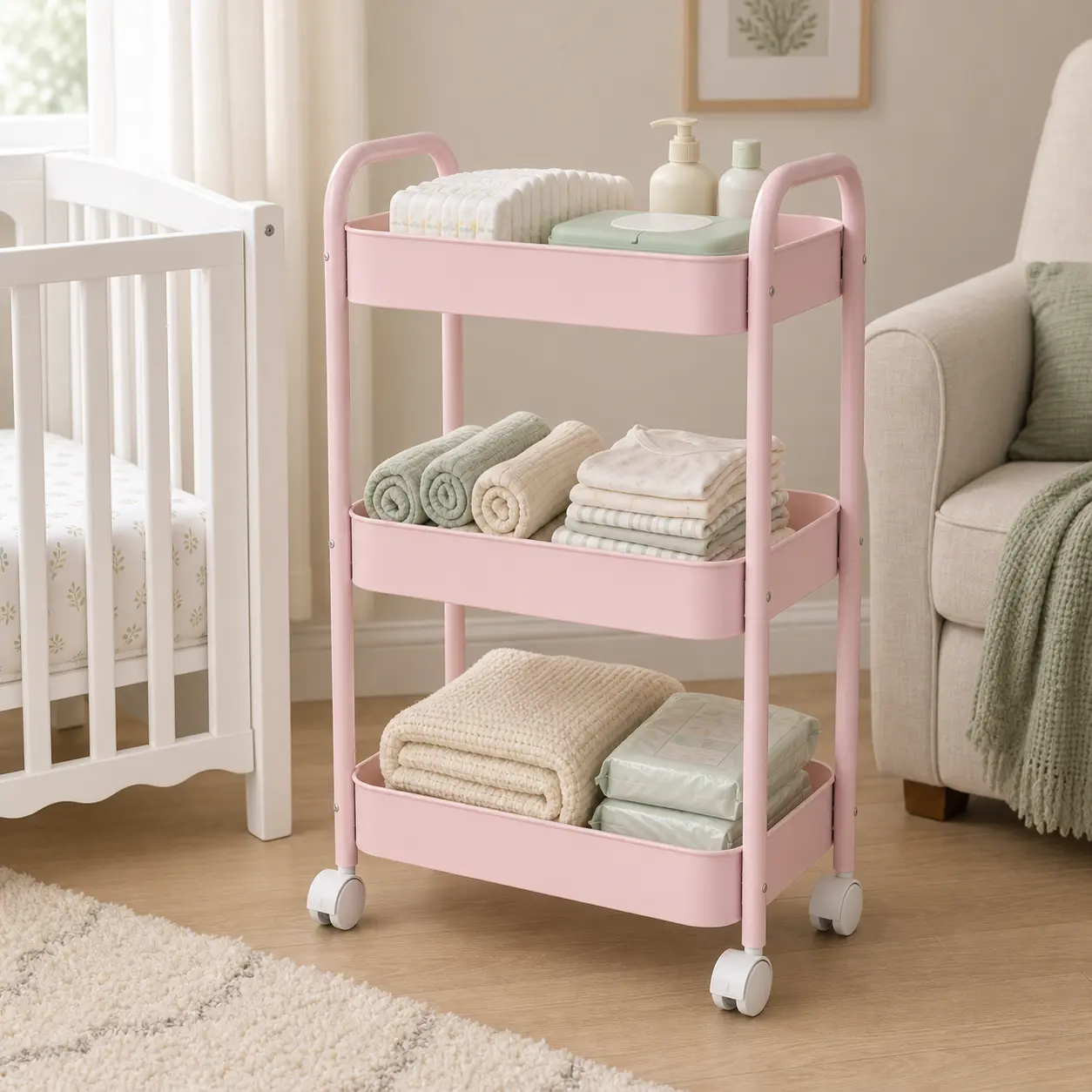 Pink Storage Cart with Wheels, 3 Tier Heavy Duty Metal Rolling Utility Organizer with Double Handles and 2 Locking Casters, Space Saving Mobile Trolley for College Dorm Essentials, Makeup, Snacks, Crafts, Kitchen, Bathroom, Bedroom and Office