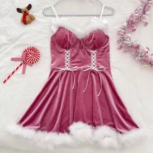 Pink Holiday Velvet Fur Trimmed Mini Dress with White Lace Up Detail and Festive Accents Casual Womenswear Straps Elegant Adjustable Fit Party Ribbon