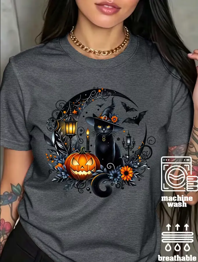 Women's Vintage Gothic Witch Print T-Shirt - Soft Stretch Round Neck Short Sleeve Black Cat & Bats All-Season Top with Spooky Pumpkin & Moon Design - Halloween Party Outfit (XS-5XL, Green & Multi-Color Options) - Casual Comfortable Casual Attire