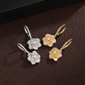Zircon Earrings Silver Camellia Earrings Flower Shape Earrings Women's Daily Wear Gift