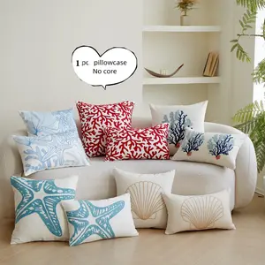 Starfish & Coral Embroidery Cushion Cover, 1 Count Square Throw Pillow Cover, Household Decoration Supplies for Home Living Room Bedroom