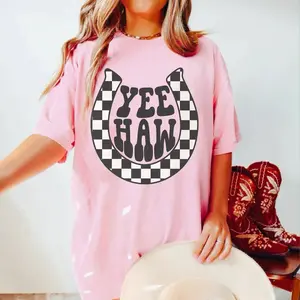 Retro Checkered Horseshoe Yeehaw Cowgirl Tshirt, Country Western Style Fashion For Her Top Womenswear