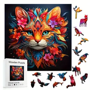 High-Difficulty 5A Wooden Art Puzzle Featuring Vibrant Cat Adorned with Blossoms Creative Gift for Cat Lovers Family Bonding Art Enthusiasts
