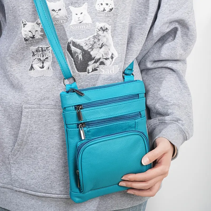 Genuine Leather Crossbody Bag for Women - Soft, Durable, Adjustable Strap, Multi-Compartment Coin Purse, Vintage Style, High Quality Design in Teal Blue, Everyday Crossbody Bag | Playful Cat Design | Functional Zipper Pockets, Purse Crossbody