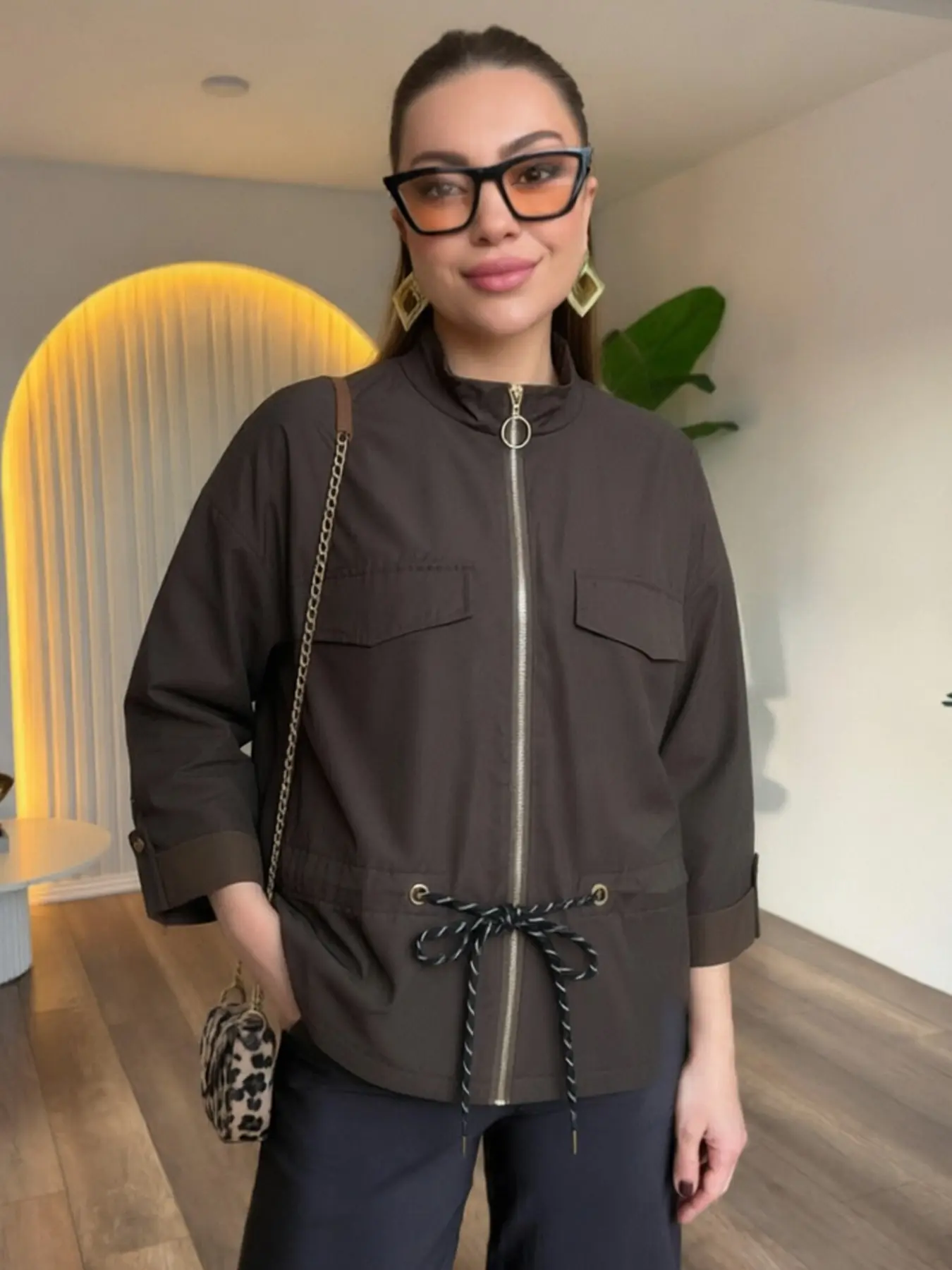 Safari Women's Collared Jacket Demi-Season Windbreaker Bomber Jacket Streetwear Casual Zipper Cropped Outdoor Jackets For Women Adjustable Waist Tied Loose Female Jacket