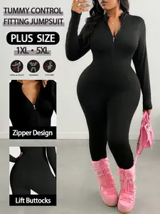 Irusil Plus Size Women's Skinny V-Neck Zip-Up Jumpsuit Casual Slim Romper Bodysuit Easy to Match Looks Slim Flatter The Figure Fall Plus Size Womens Bodycon Sexy Jumpsuit