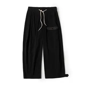FRIED RICE Sashiko Wide Leg Pants - Black Mid Waist Unisex Drawstring Adjustable Cotton Embroidered Detail Pockets All Seasons Minimalist Style
