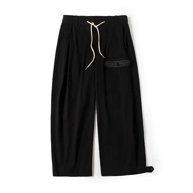 FRIED RICE Sashiko Wide Leg Pants - Black Mid Waist Unisex Drawstring Adjustable Cotton Embroidered Detail Pockets All Seasons Minimalist Style