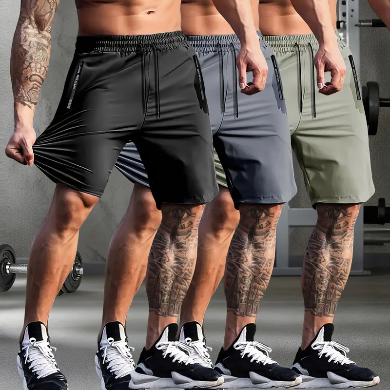 Men's 3-Pack Nylon High-Elasticity Running Shorts - Fitted Stretch, Flex, 4-Way Stretch, Adjustable Drawstring Waistband, Zippered Pockets, Smooth Fabric, Trim Sporty Look, Athleisure Activewear, for Workouts, Everyday Use, Fitted Stretch Men's Shorts, Fl