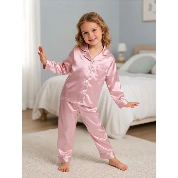 Girls' Solid Satin Pajama Set, 2-Piece Long-Sleeve Button-Down Top & Pants, Smooth Lightweight Sleepwear with Pockets, Ages 1-8, Sizes 90-130, Kaka Here