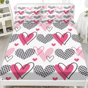 3pcs Bed Sheet Set with Heart Pattern, Includes 1 Fitted Sheet and 2 Pillowcases, Digital Print Mattress Protector for Cozy Sleep