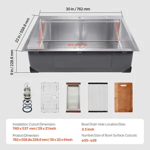 VEVOR 30 inch Kitchen Sink Workstation, 304 Stainless Steel Top Mount Sinks, Drop-In Single Bowl Farmhouse Basin with Ledge Multiple Accessories, Household Dishwasher Sink for RV, Prep Kitchen, Bar