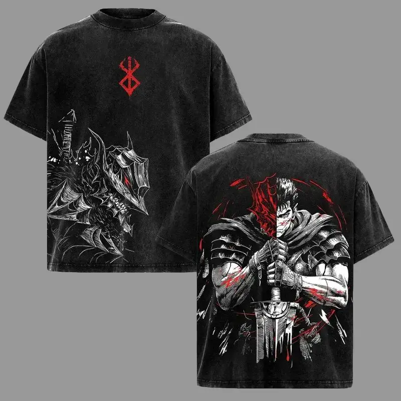 Guts Tee Washed – Berserk Washed Anime Manga T-Shirt, Vintage Washed Struggler Warrior Graphic Tee, Unisex Oversized Streetwear Shirt, Dark Fantasy Swordsman Anime Aesthetic Tee, Gift for Berserk Fans Crewneck Tshirt