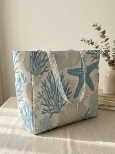 Starfish Shell Pattern 2D Printed Travel Duffle Bag, Large Capacity Storage Bag, Durable Multi-Pocket Design, Zipper Closure, Casual Style Traveling Bag