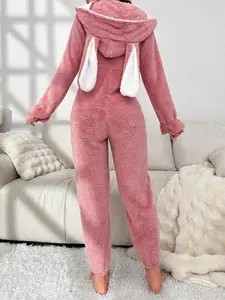 Cute Bunny Ears Hoodie Onesies Set, Women's Fall Winter Coral Fleece Pajamas, High-Quality Sweet Heart Home Wear Loungewear Rabbit