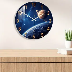 Space Theme Acrylic Wall Clock, Silent Movement, Ideal for Living Room Bedroom Kitchen Office Decor, Great Space Gift, Battery Powered