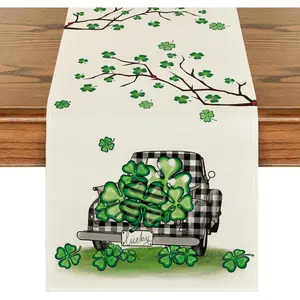 Lucky Shamrock Truck St. Patrick's Day Table Runner, Seasonal Spring Holiday Kitchen Dining Table Decoration for Indoor Outdoor Home Party Decor