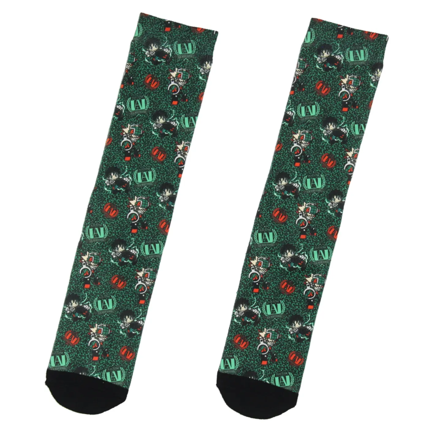 Bioworld Men's My Hero Academia Plus Ultra Allover Sublimated Crew Socks - Character Graphic, Character Theme, Deku Graphic, Chibi Print, Soft Fabric, My Hero Academia Character Graphic Ankle Socks, Character Theme Ankle Socks