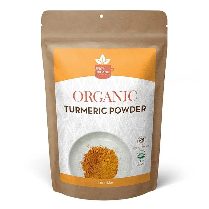 SPICY ORGANIC Turmeric Root Powder – 4 oz. – High Curcumin, Non-GMO Turmeric Spice for Cooking, Skin Care, Golden Milk, and Joint Health Support - Available in Bulk Pack Natural Flavor