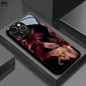 Phone Case - Black Background Purple Pink Lily Flower Graphic Print Tempered Glass Case for iphone17 17Air 16 Pro 15 Promax 14 Plus 13 12 11
