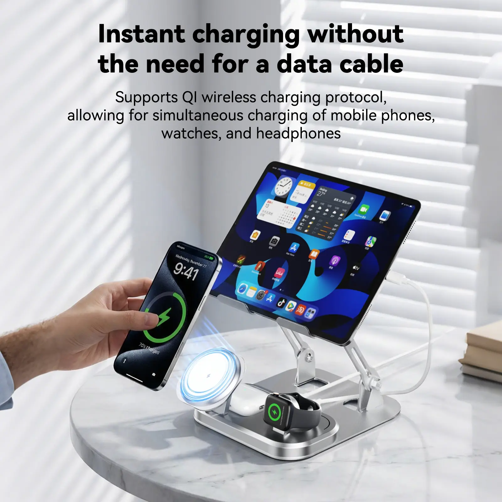 VOULAO Z3 4-in-1 Qi Wireless Charging Stand - Inductive Multi-Device Wireless Charger with Phone Mount, Desk Organizer, Swivel Stand, Practical Gift for Smartphones