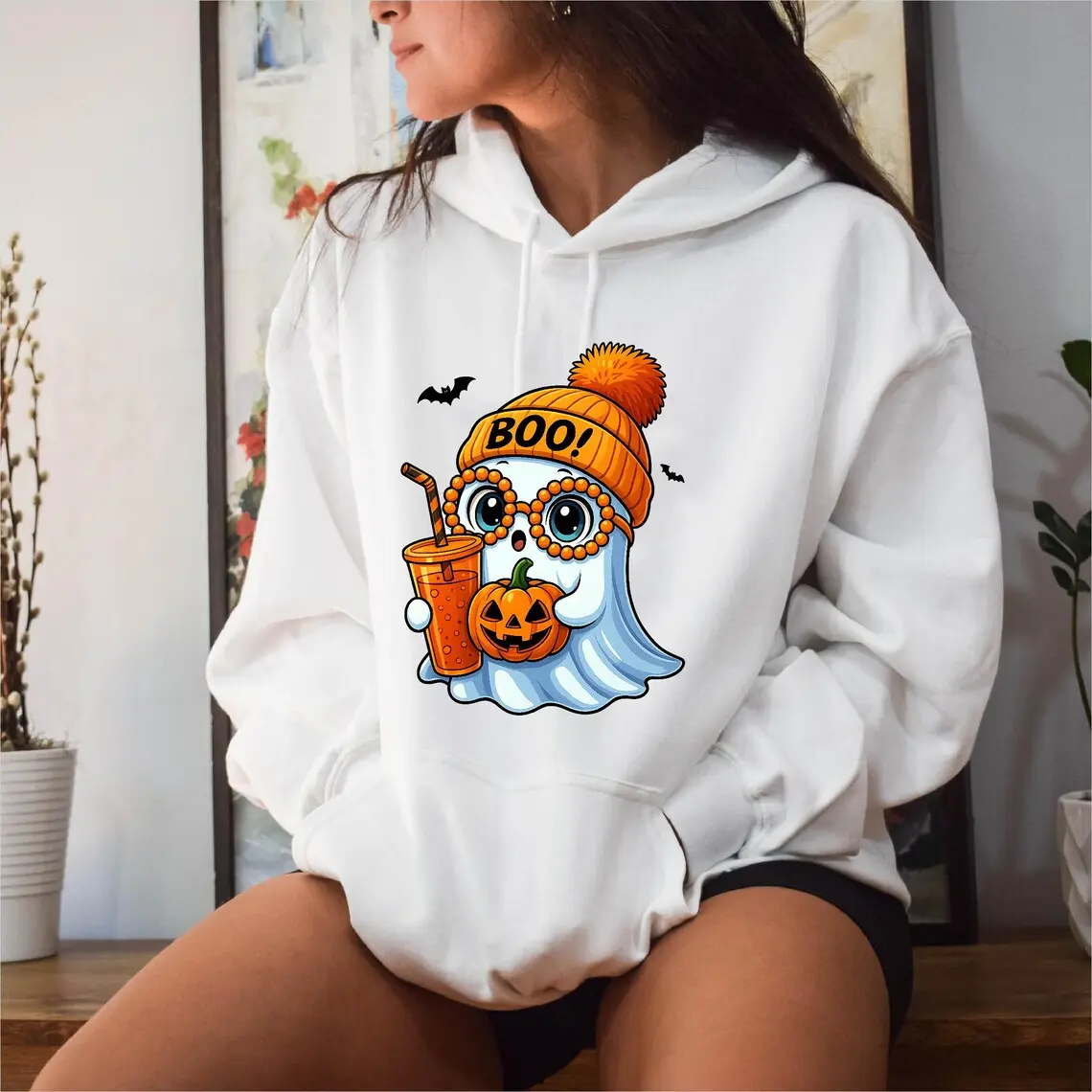 Cute Ghost Halloween Oversized Unisex Hoodie - Spooky Vibes Matching Couples Costume, Perfect Gift for Friends' Birthdays, 2026 Fall Festival Trending TikTok Shop Sweatshirt