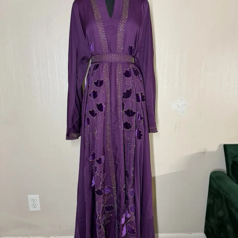 Flared Floral Embroidery Belted Dubai Abaya