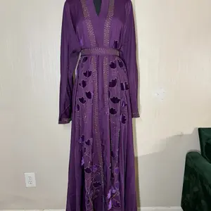 Flared Floral Embroidery Belted Dubai Abaya