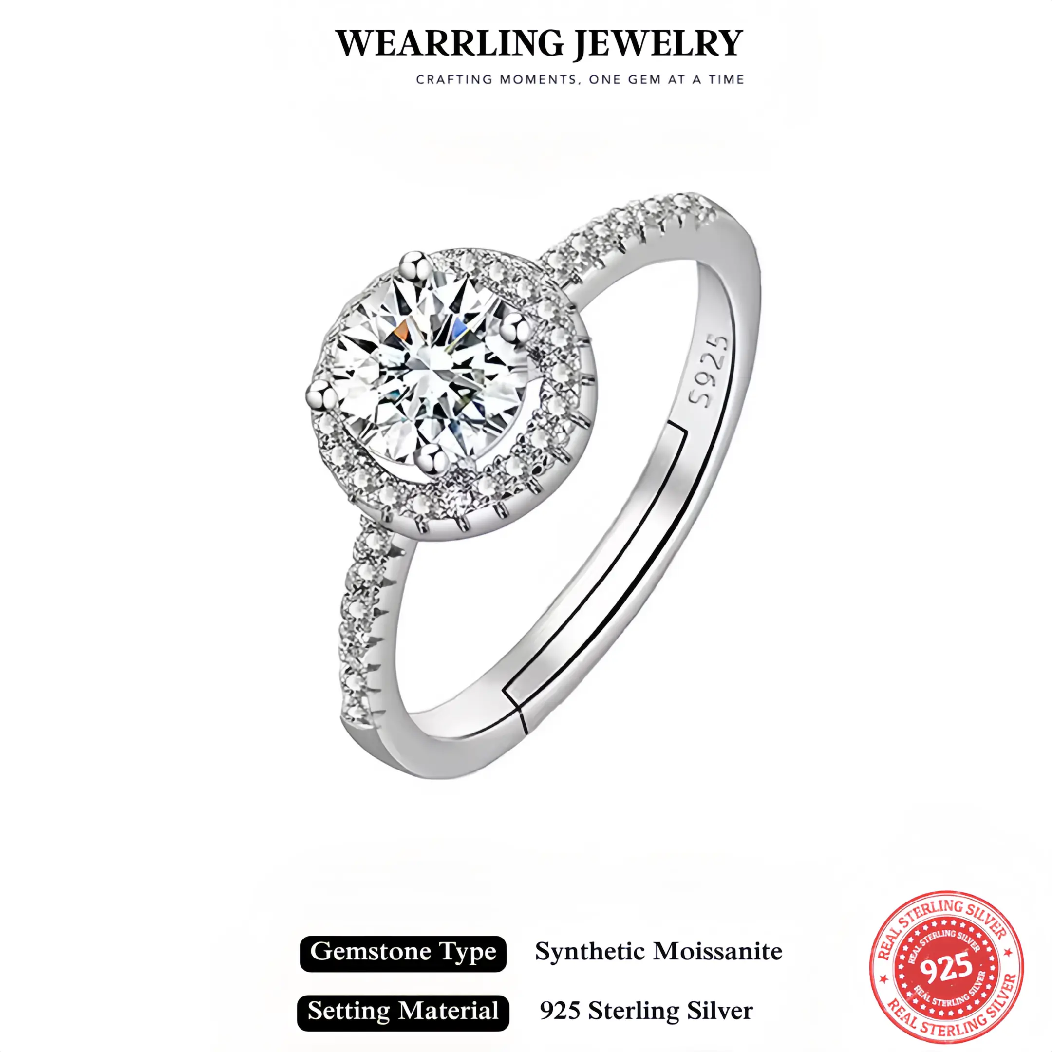 Wearrling S925 Sterling Silver Synthetic Moissanite Ring - Adjustable, Shiny Gems, Never Tarnishes, Elegant Viral Bling for Women - Trendy Affordable Luxury, Daily Wear, Adjustable Size