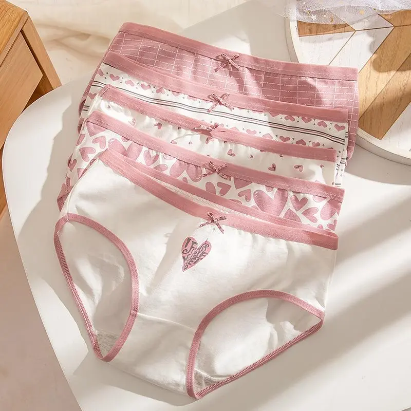 5pack cartoon printed color block triangle pants, soft and comfortable high waisted close fitting underwear, women's underwear and underwear
