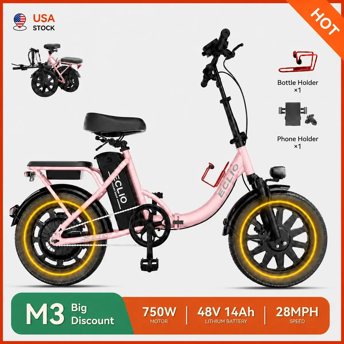 ECLIO M3 Folding Electric Bike for Adults, 750W Motor, 48V 14Ah Removable Battery, Up to 28 MPH, Pedal Assist Range of 50-70 Miles Range, Compact 14-Inch Commuter E-Bike with Front Suspension and Disc Brakes