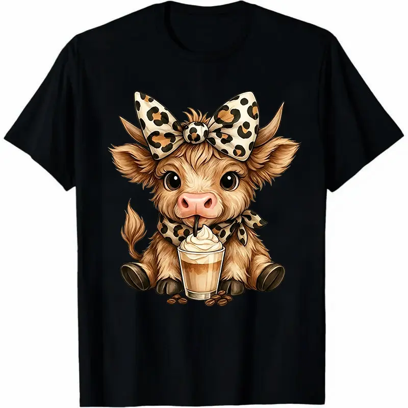 Women's Oversize Highland Cow Graphic Tshirt - Sporty Chic Casual Loose Crew Neck Lightweight Breathable Cotton Short-Sleeve Basics, Color-Sorted Wash, Machine Washable Sports Top for Plants-Themed Style