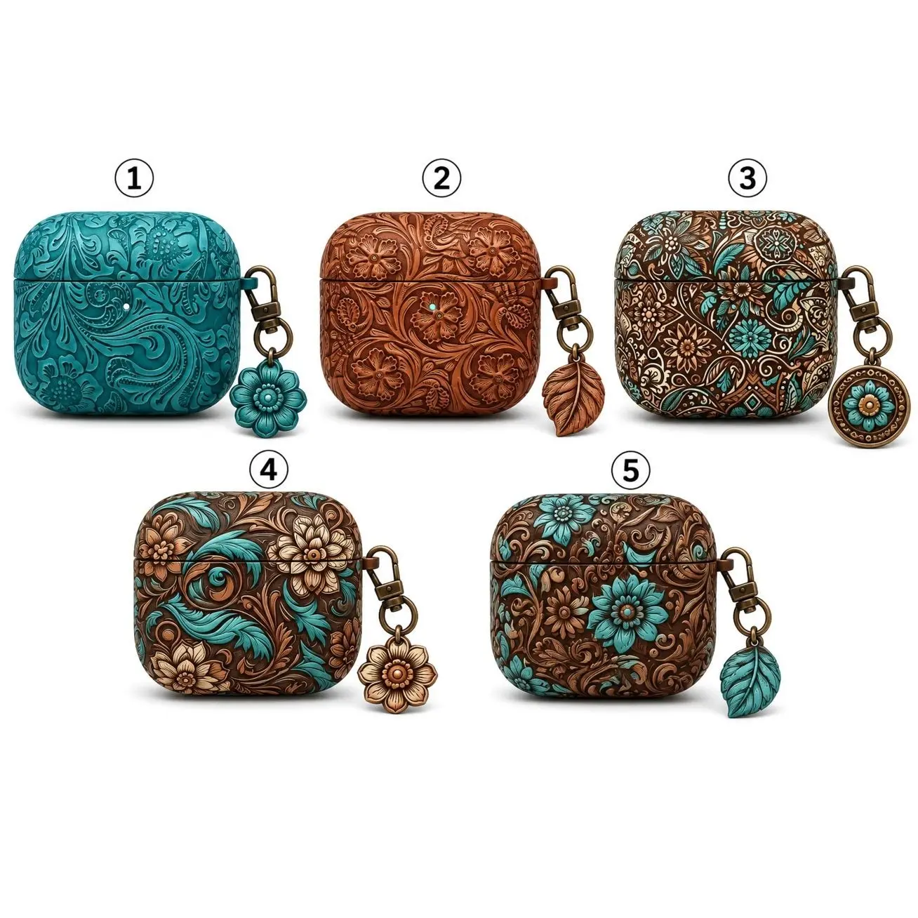 Tooled Leather 2D Print Floral AirPods Case | Western Turquoise Protective Case Cover for AirPods 1 2 3 4, AirPods Pro 1 2 3, NO KEYCHAIN INCLUDED