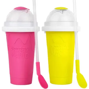 SUNDAY MIRTH 2PC Slushie Maker Cups, DIY Frozen Magic Slushy Cup, Double Layers Silica Smoothie Pinch Ice Cup, Quick Cooling Cups Homemade Milk Shake Ice Cream Maker (Yellow+Pink)