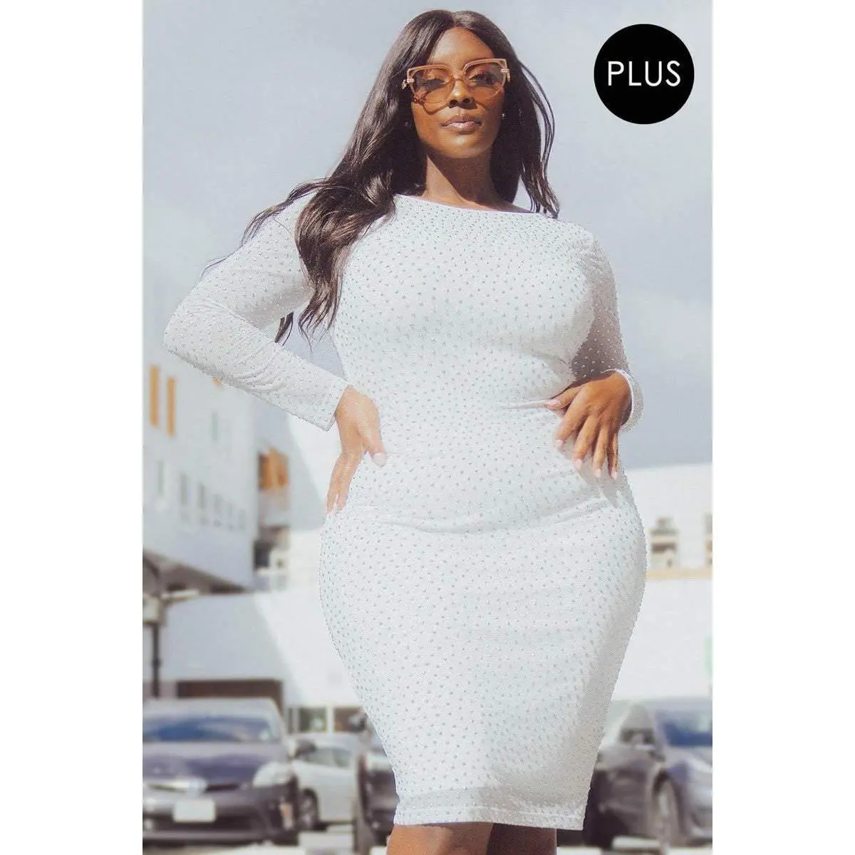 Translucent Silver Rhinestone Plus Midi Dress